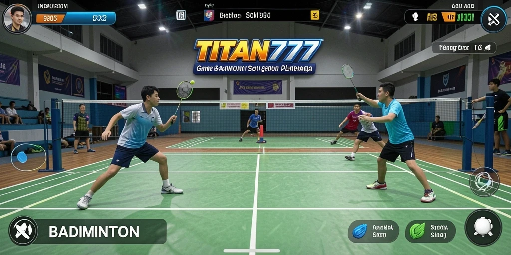 Screenshot utama TITAN777 menampilkan laga badminton yang seru dan penuh aksi.